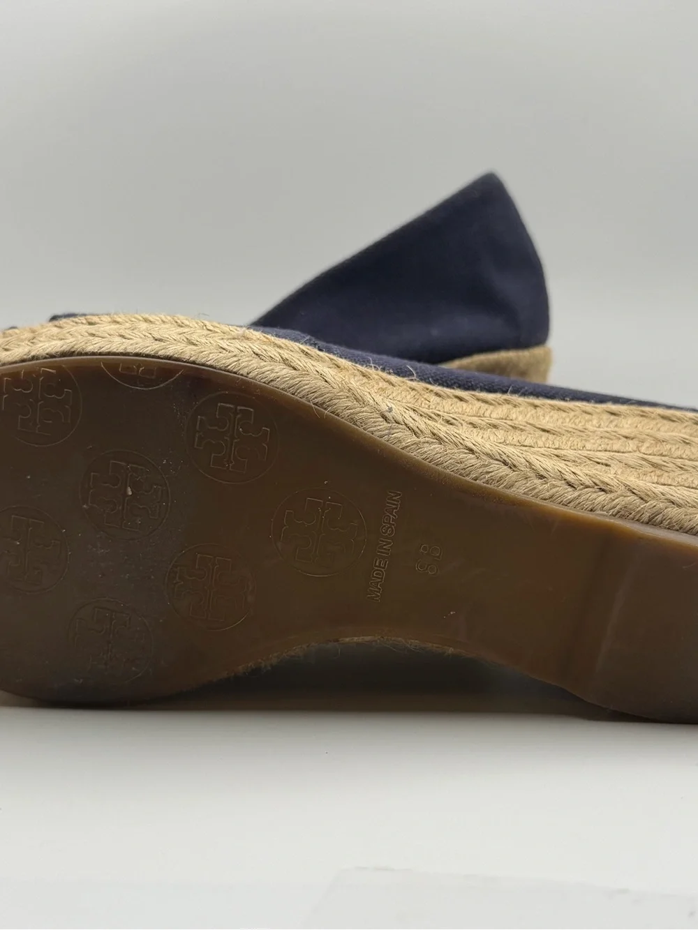 Tory Burch Navy Canvas Espadrille Wedge Peep Toe Heels Women’s 8 Coastal Preppy